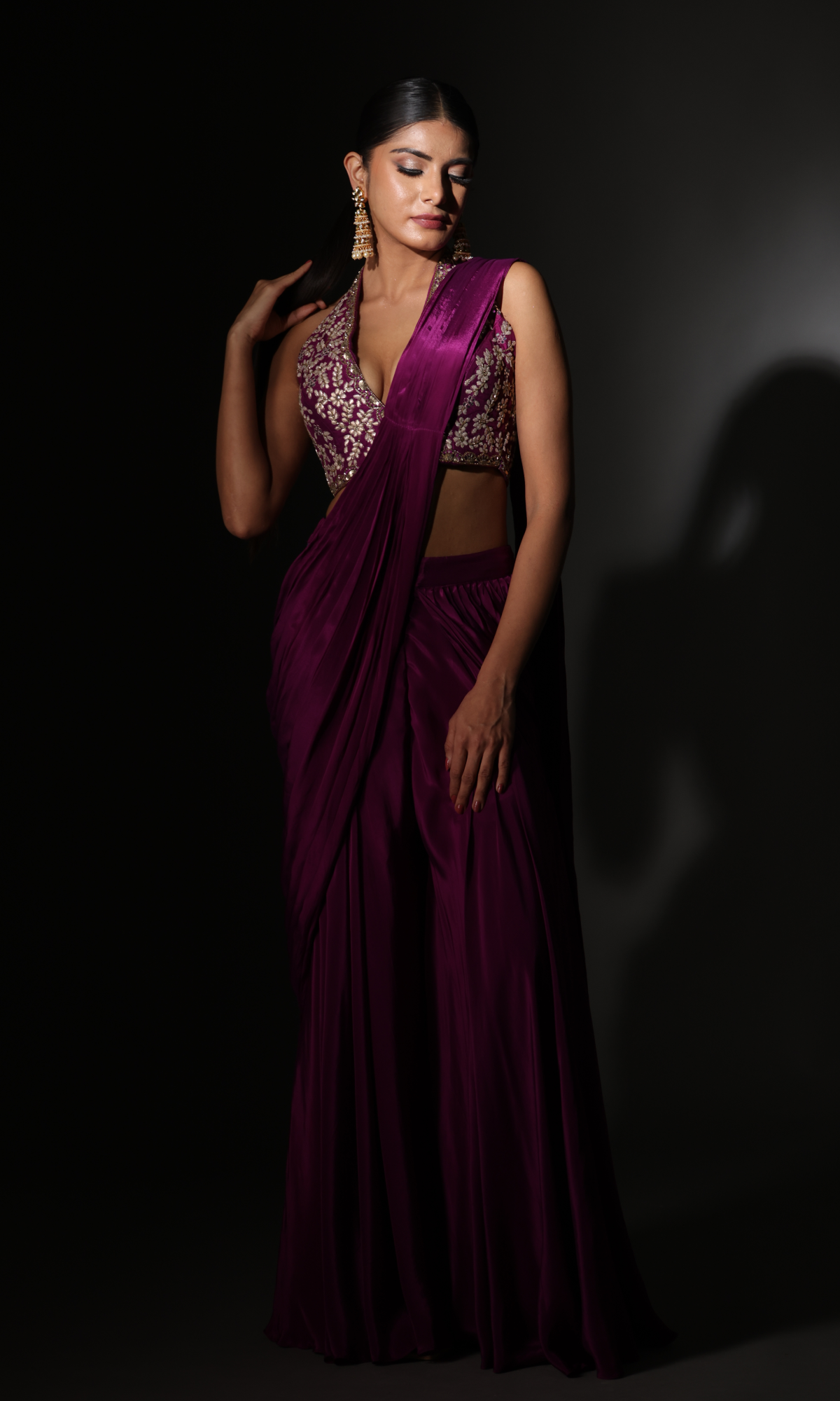Purple Lycra Embroidered Saree With Stitched Blouse