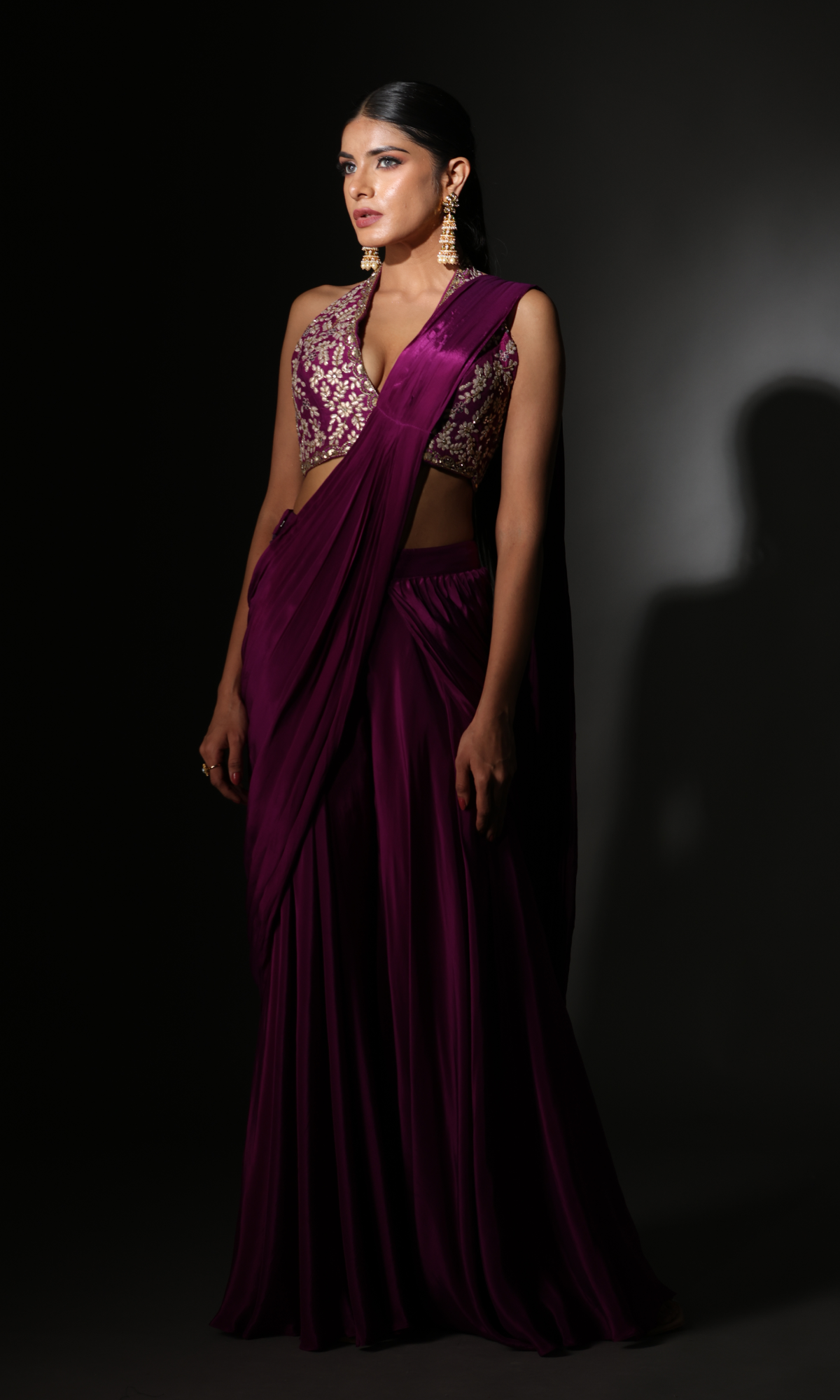 Purple Lycra Embroidered Saree With Stitched Blouse