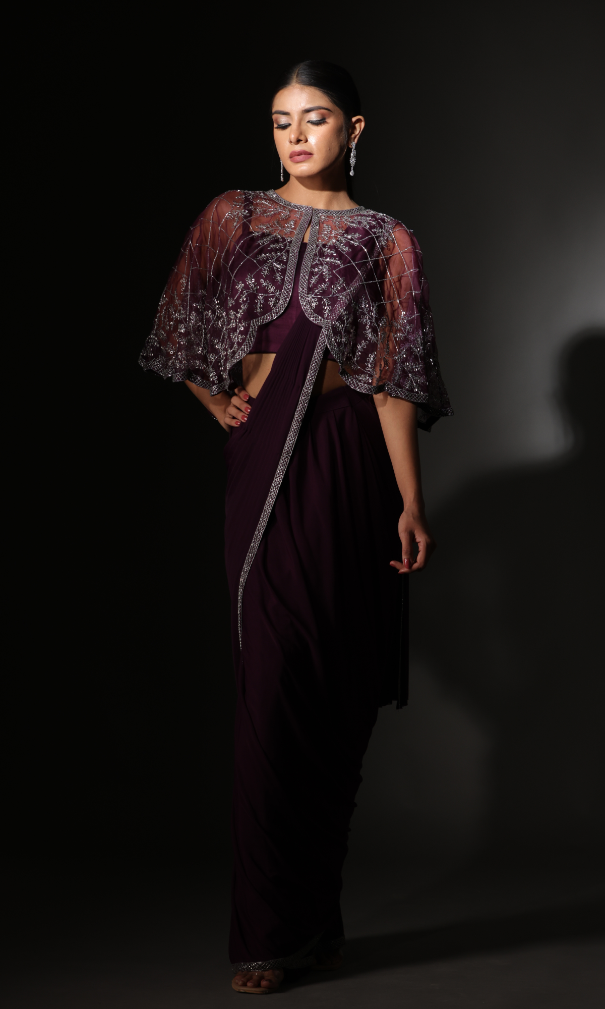 Purple Lycra Handwork Saree With Stitched Blouse And jacket