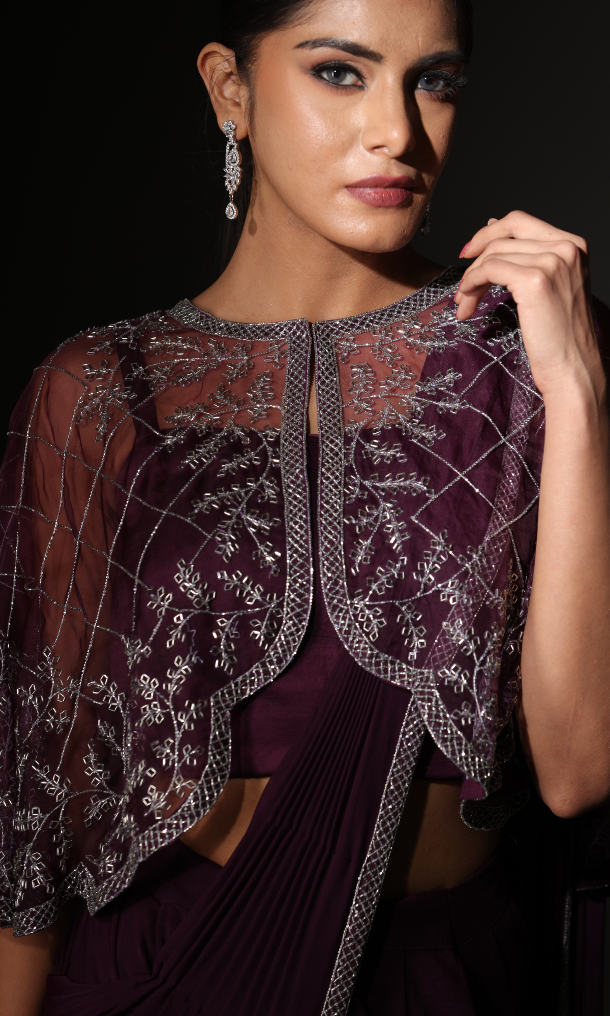 Purple Lycra Handwork Saree With Stitched Blouse And jacket