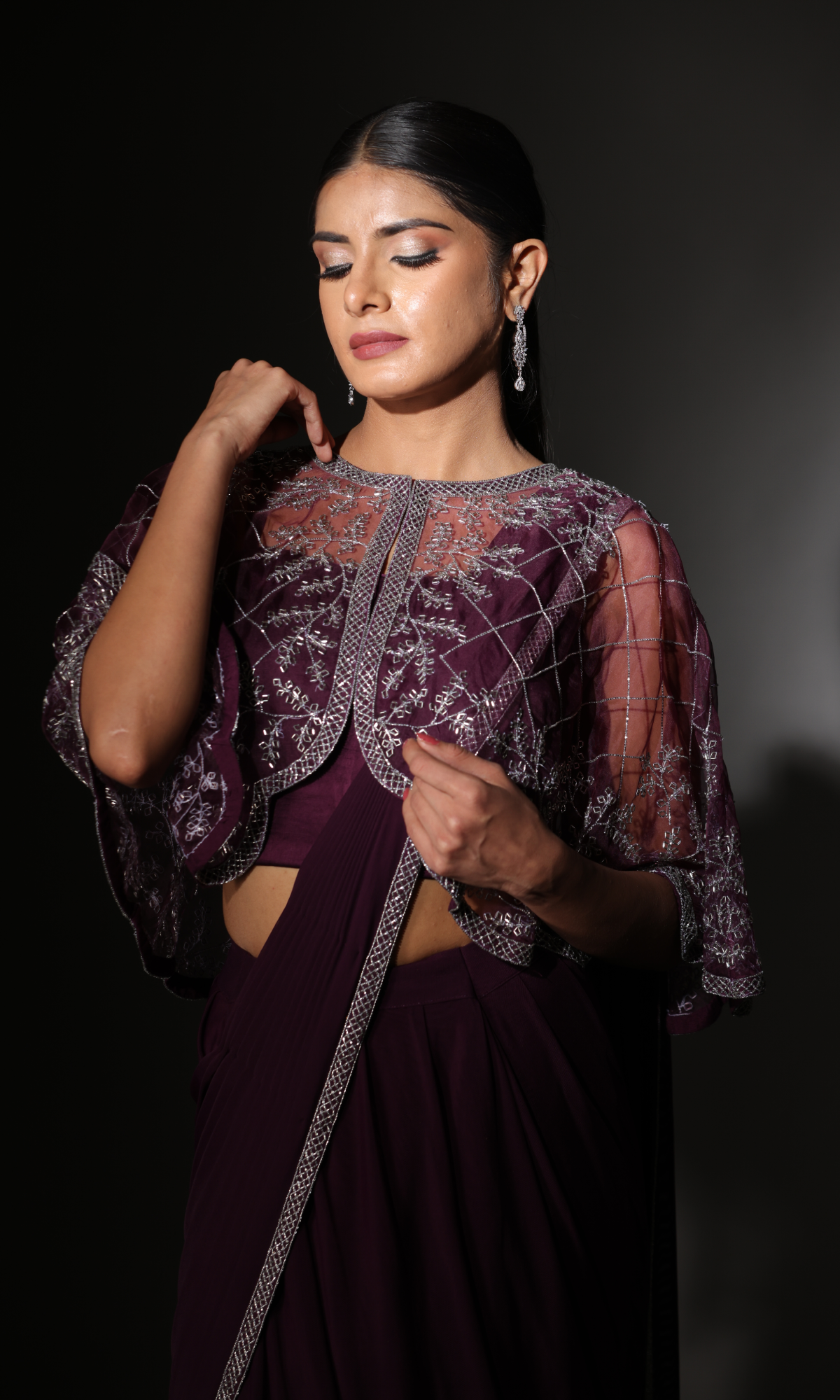 Purple Lycra Handwork Saree With Stitched Blouse And jacket
