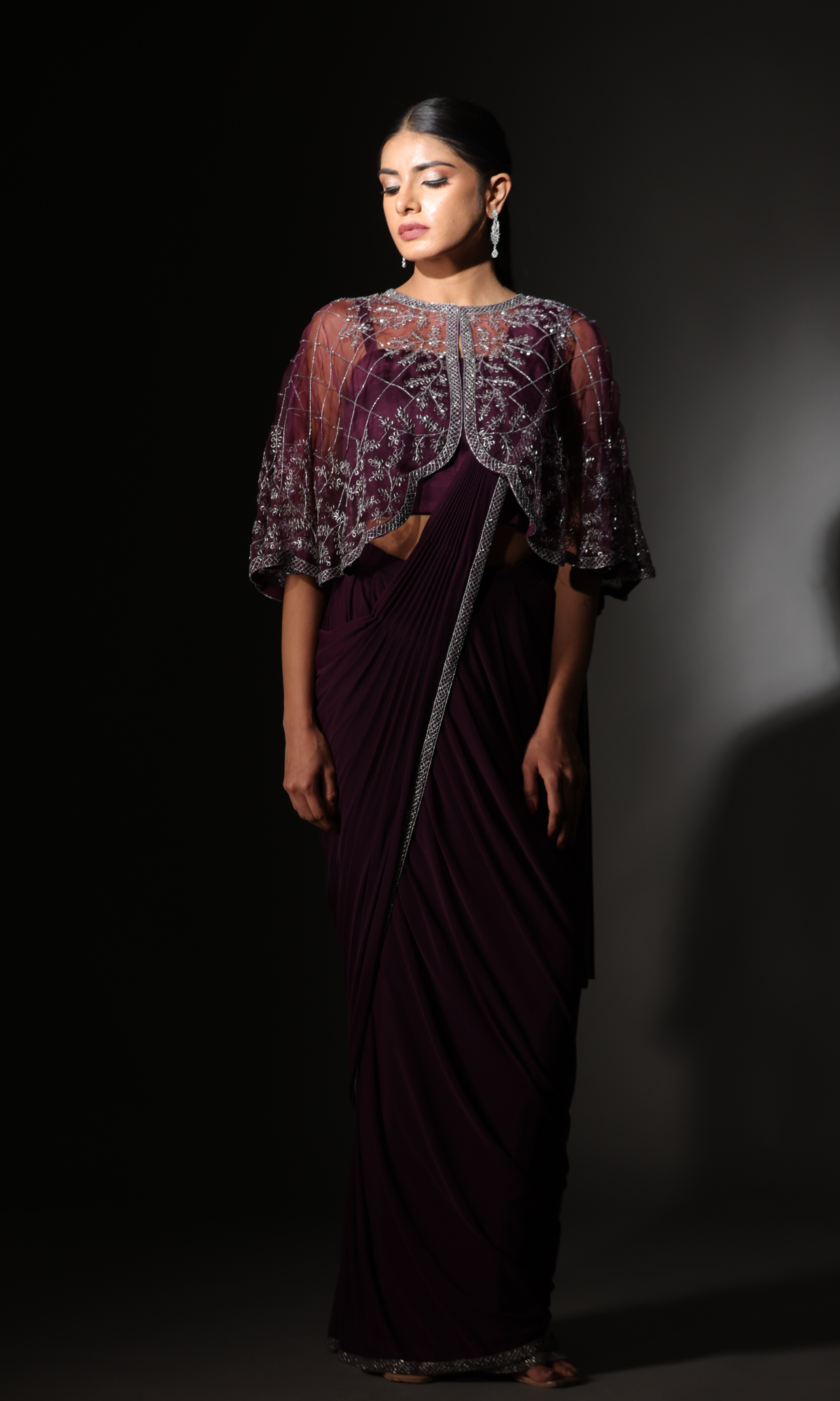 Purple Lycra Handwork Saree With Stitched Blouse And jacket
