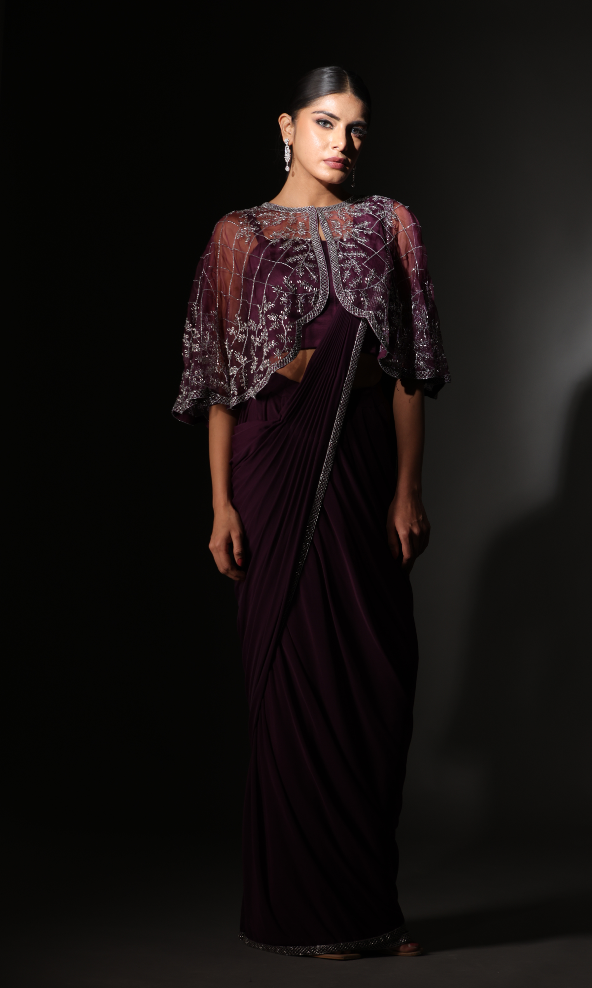 Purple Lycra Handwork Saree With Stitched Blouse And jacket