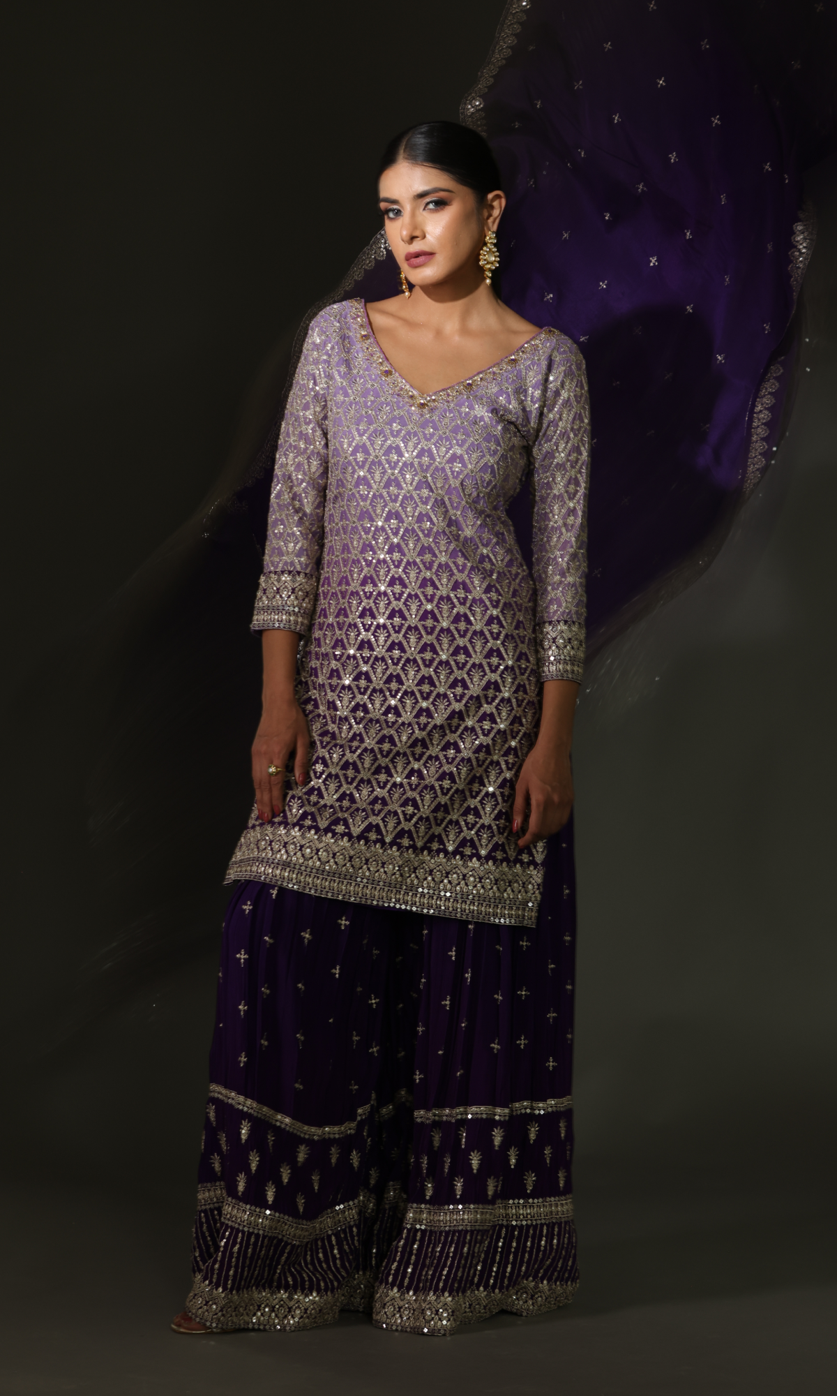 Purple Semi Georgette Embroidered Palazzo Set