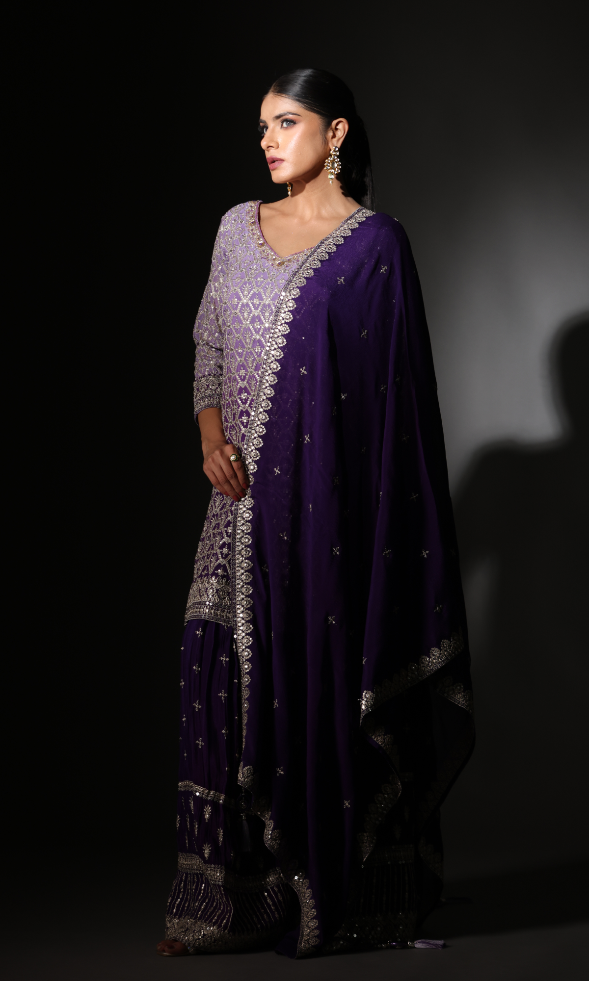 Purple Semi Georgette Embroidered Palazzo Set