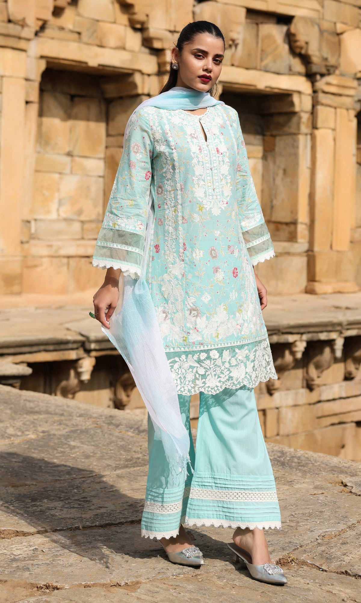 Powder Blue Lace Bloom Kurta Set