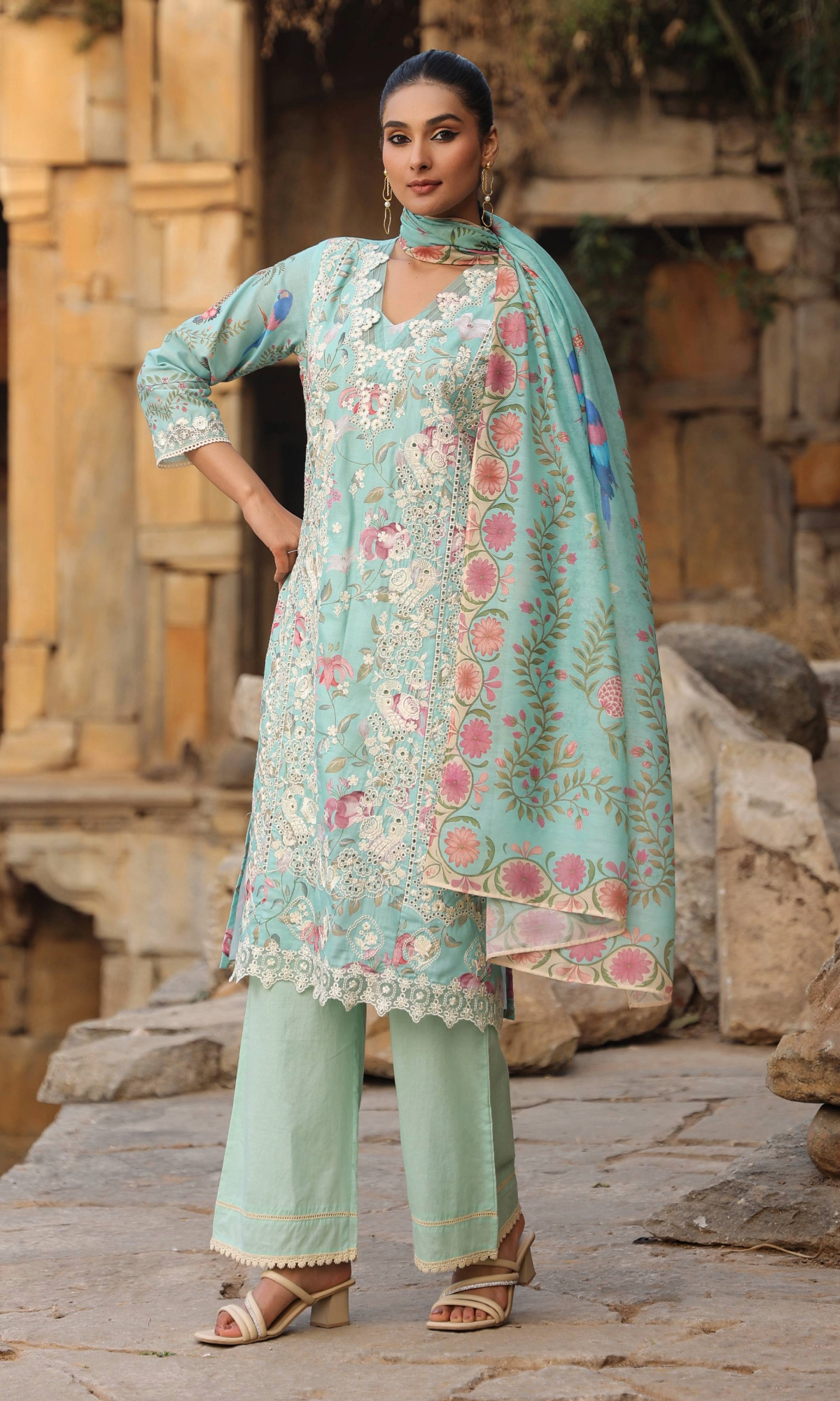 Ivory Lace & Blue Floral Kurta Set