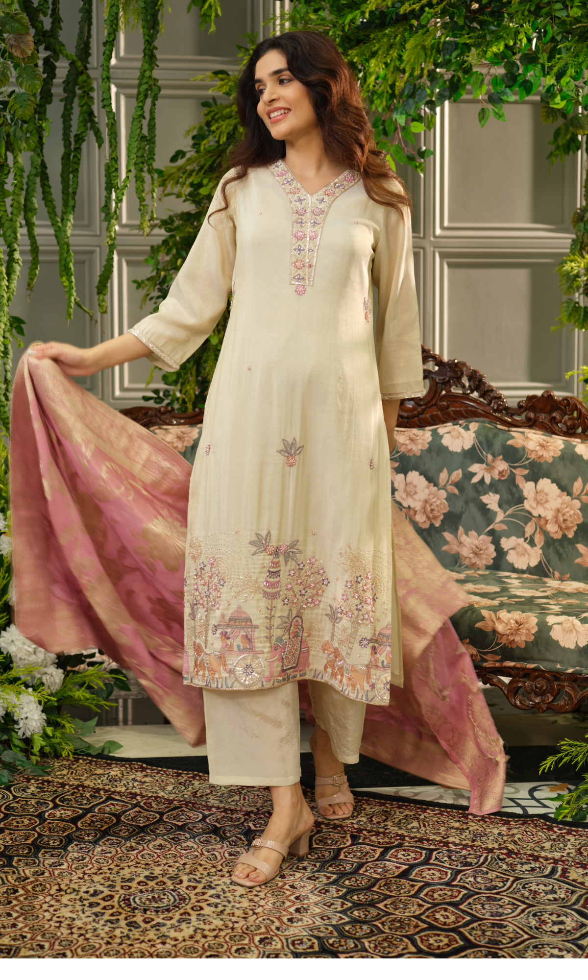 Beige Embroidered Kurta Set with Pink Dupatta