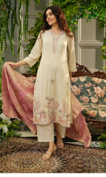 Beige Embroidered Kurta Set with Pink Dupatta