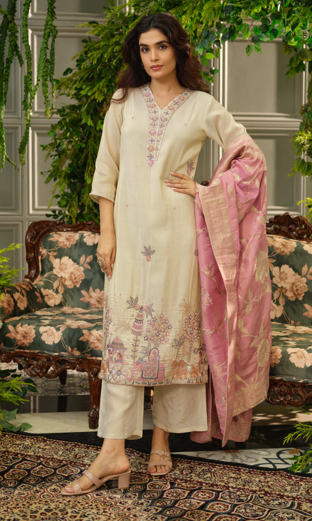 Beige Embroidered Kurta Set with Pink Dupatta