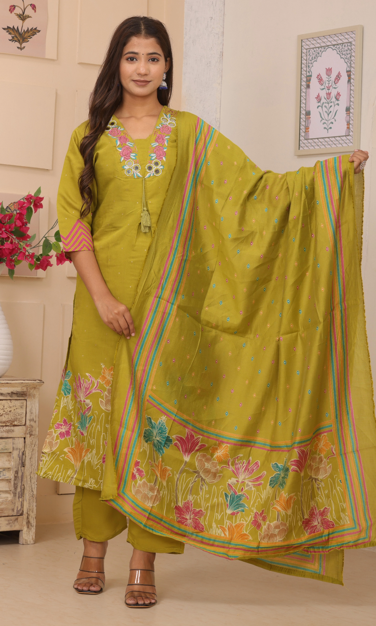 Olive Green Embroidered Kurta Set With Dupatta