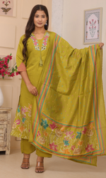Olive Green Embroidered Kurta Set With Dupatta
