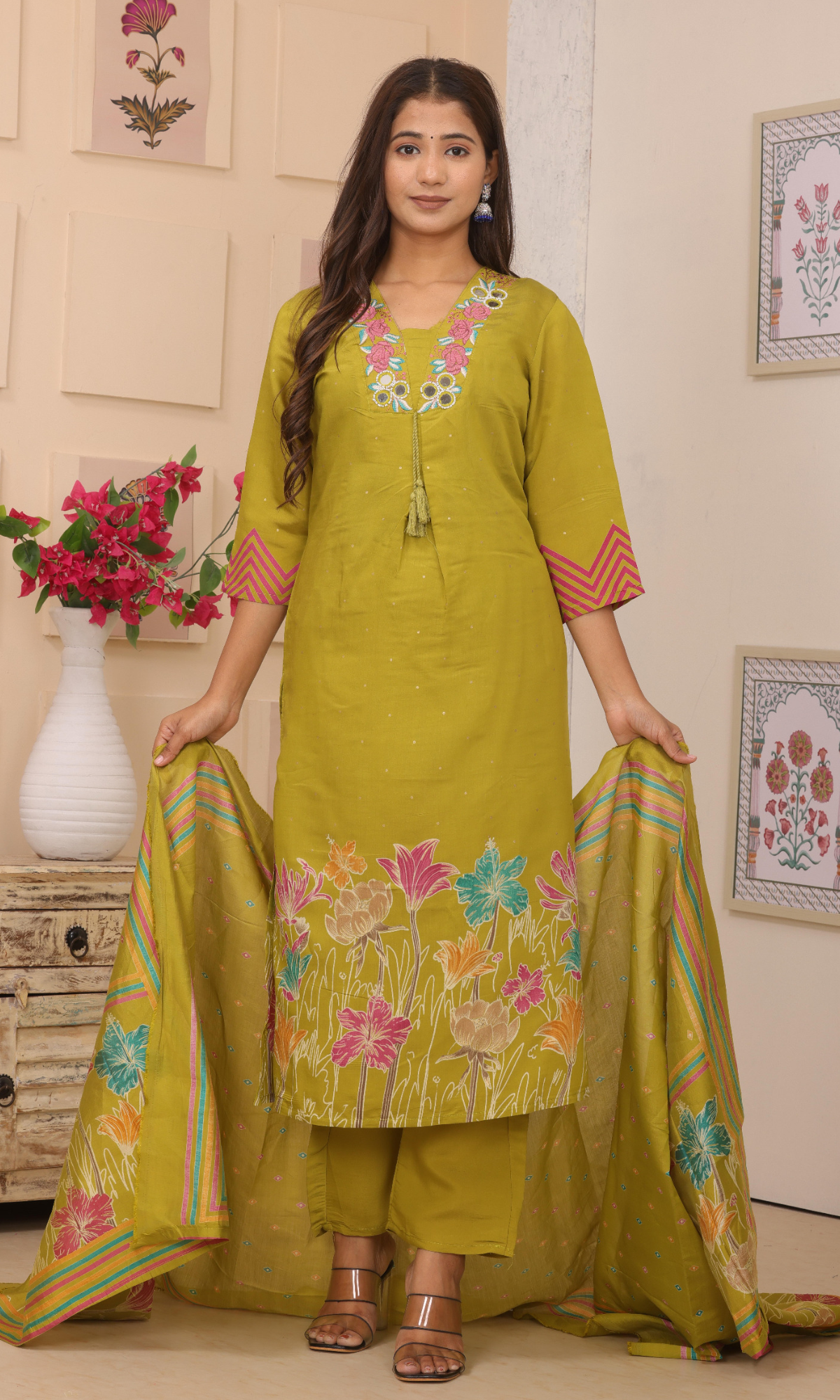 Olive Green Embroidered Kurta Set With Dupatta