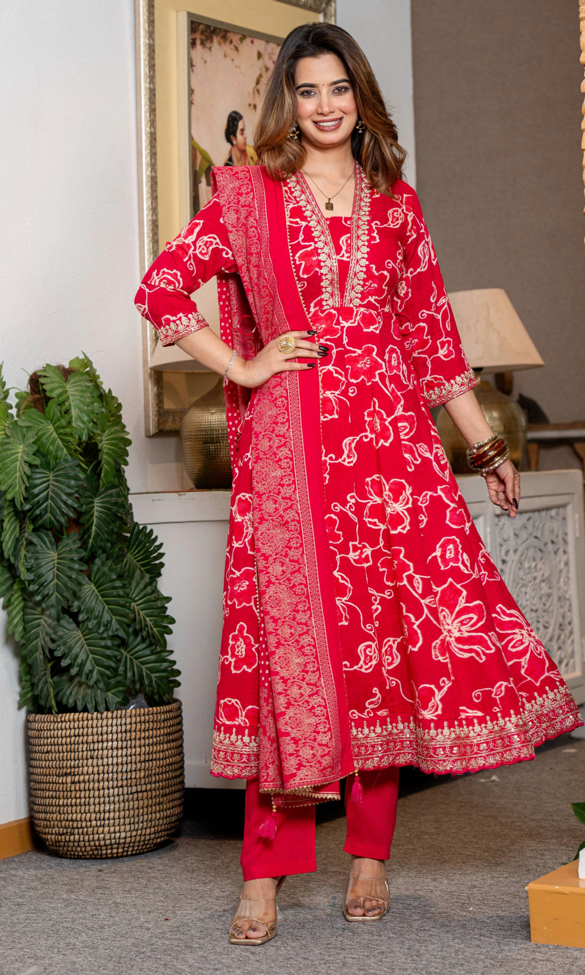 Red Floral Kurta Set With Dupatta