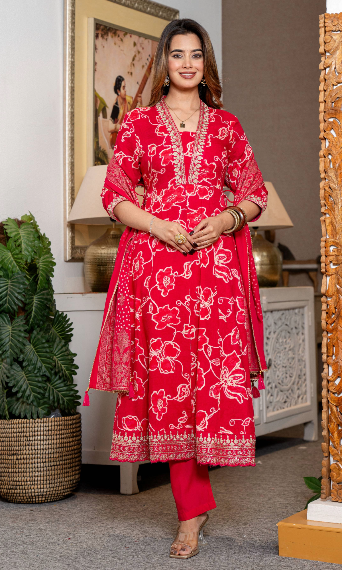 Red Floral Kurta Set With Dupatta
