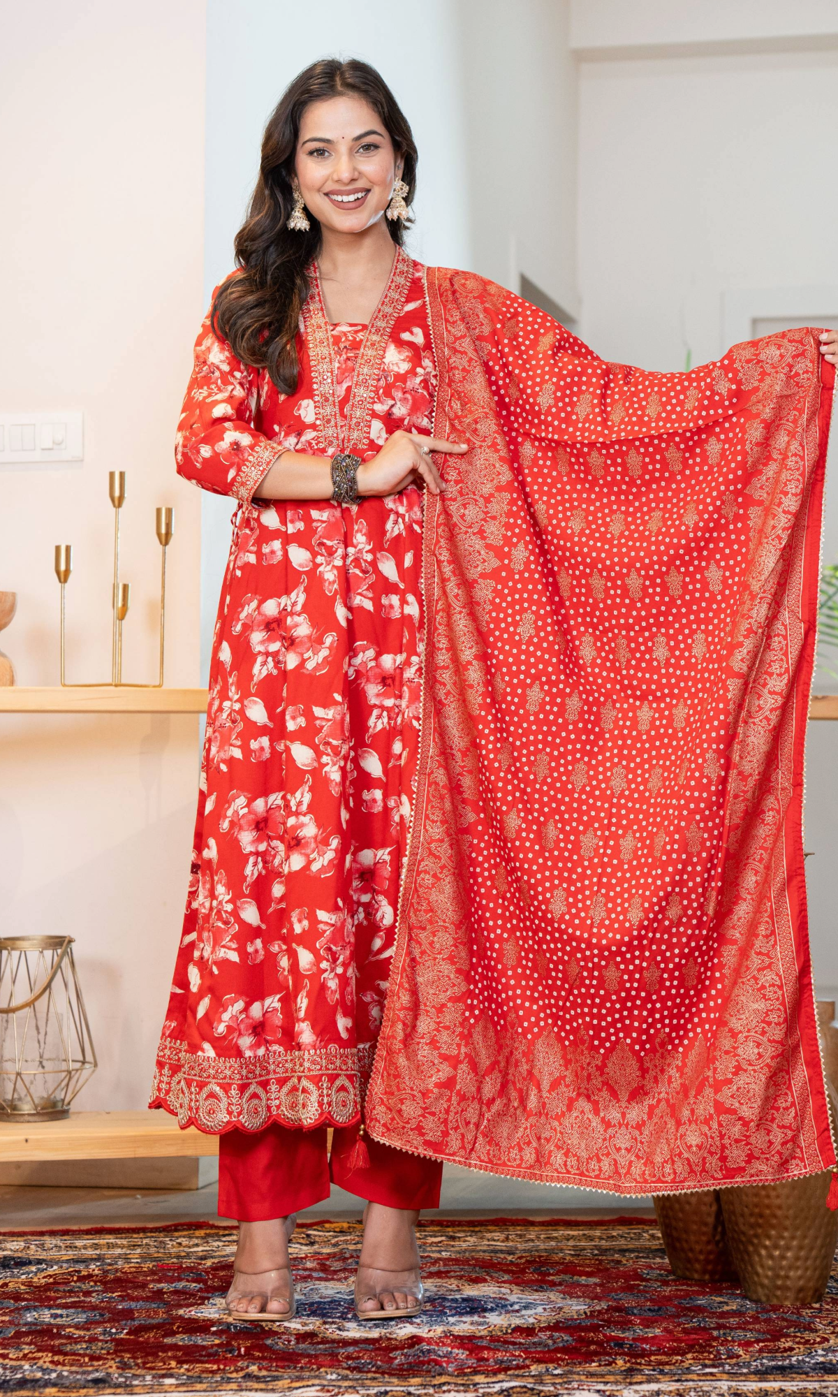 Red Floral Kurta Set With Dupatta