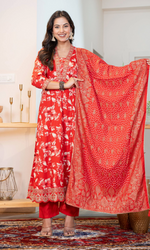 Red Floral Kurta Set With Dupatta