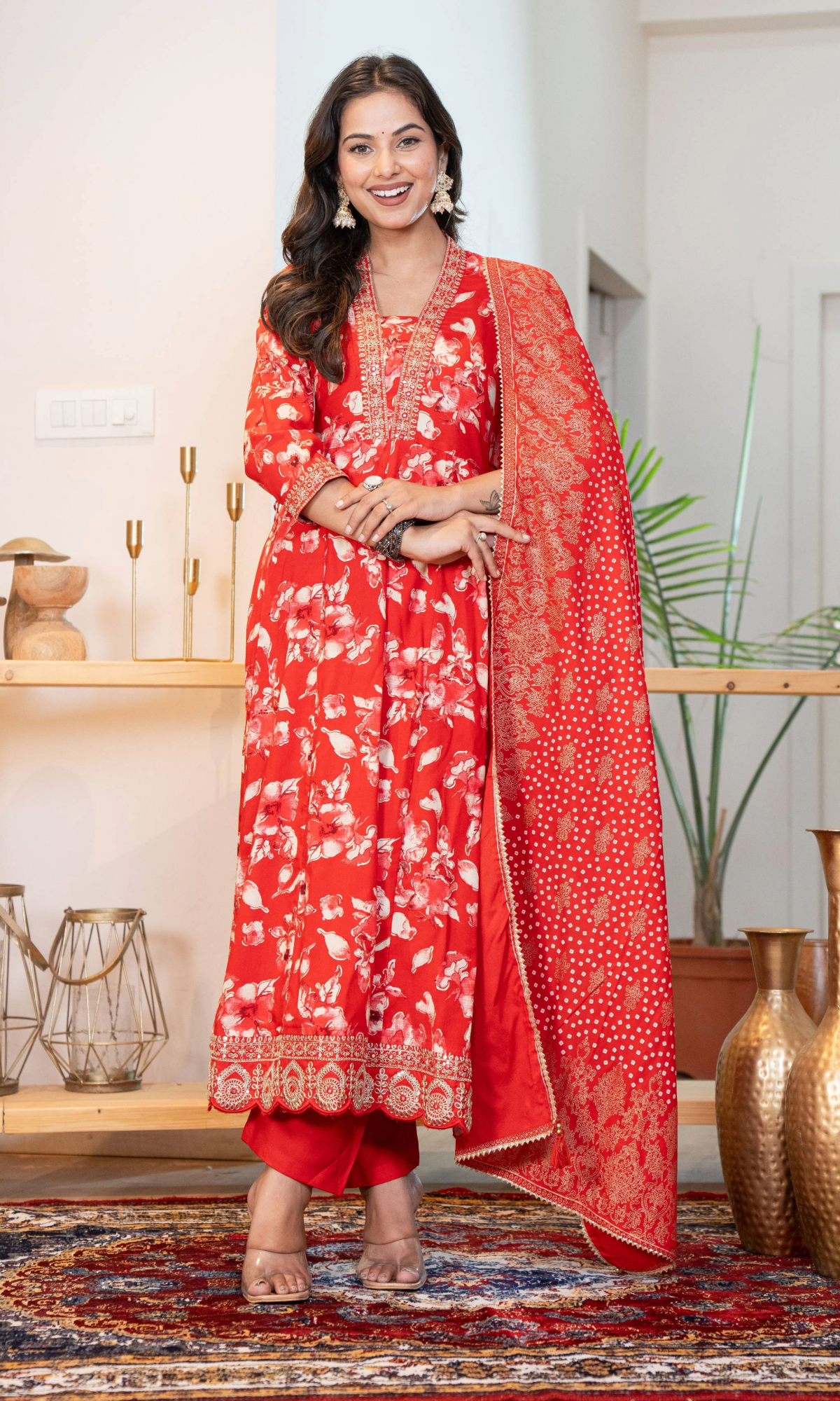 Red Floral Kurta Set With Dupatta