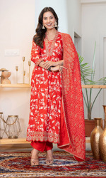 Red Floral Kurta Set With Dupatta