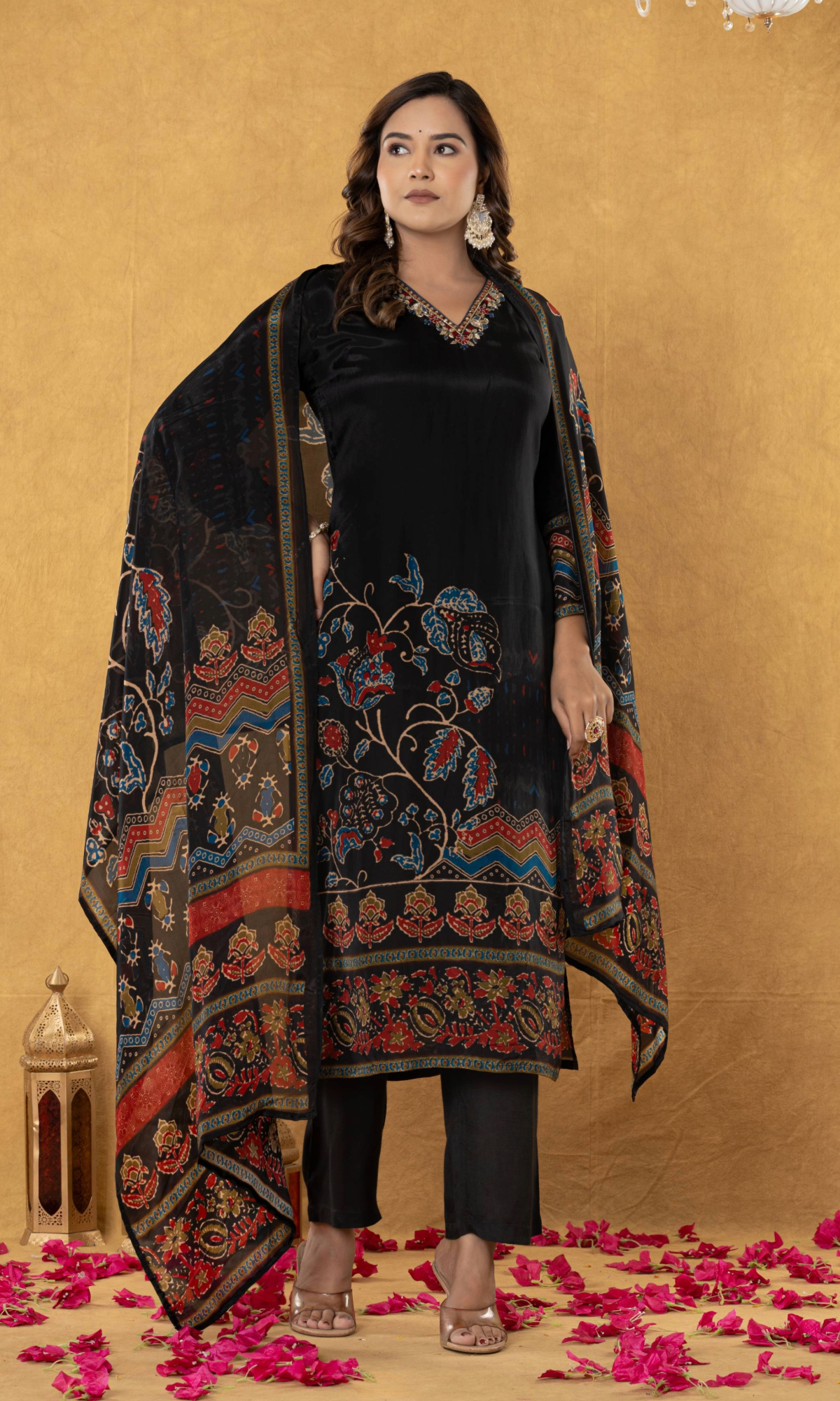 Black Floral Printed Kurta Set With Dupatta