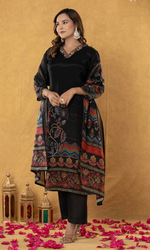 Black Floral Printed Kurta Set With Dupatta