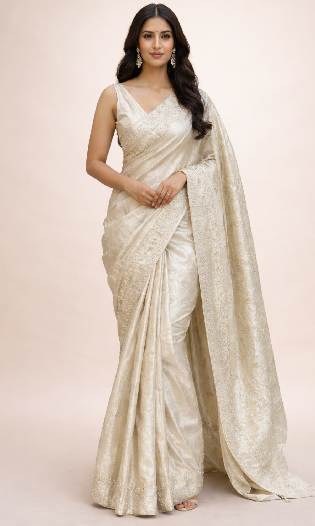 Ivory EmbroideredSilk Saree