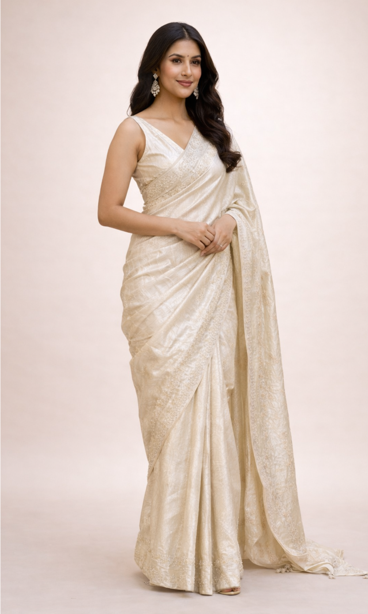 Ivory EmbroideredSilk Saree