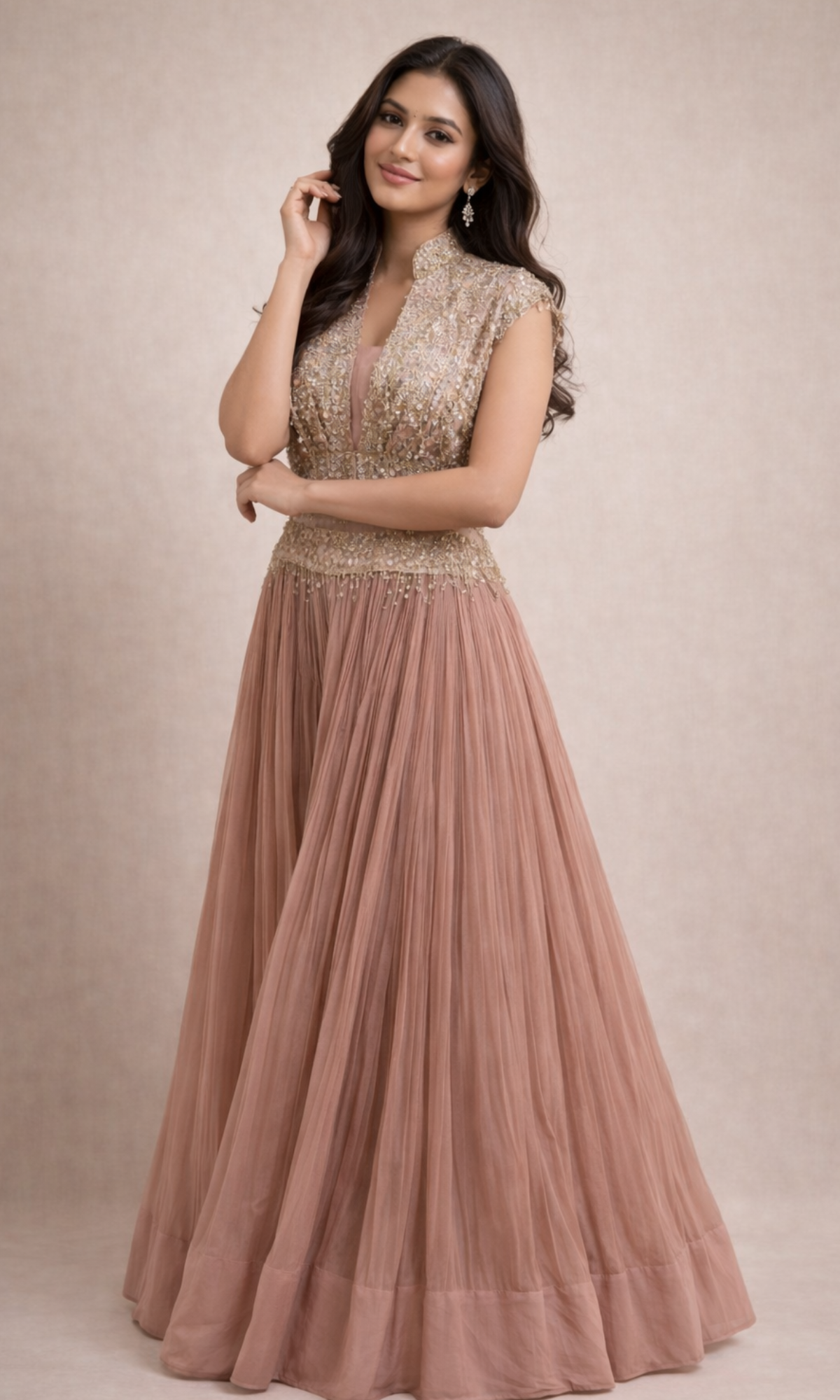 Rosé Pearl Hand-Embroidered Anarkali Skirt and Blouse