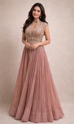 Rosé Pearl Hand-Embroidered Anarkali Skirt and Blouse