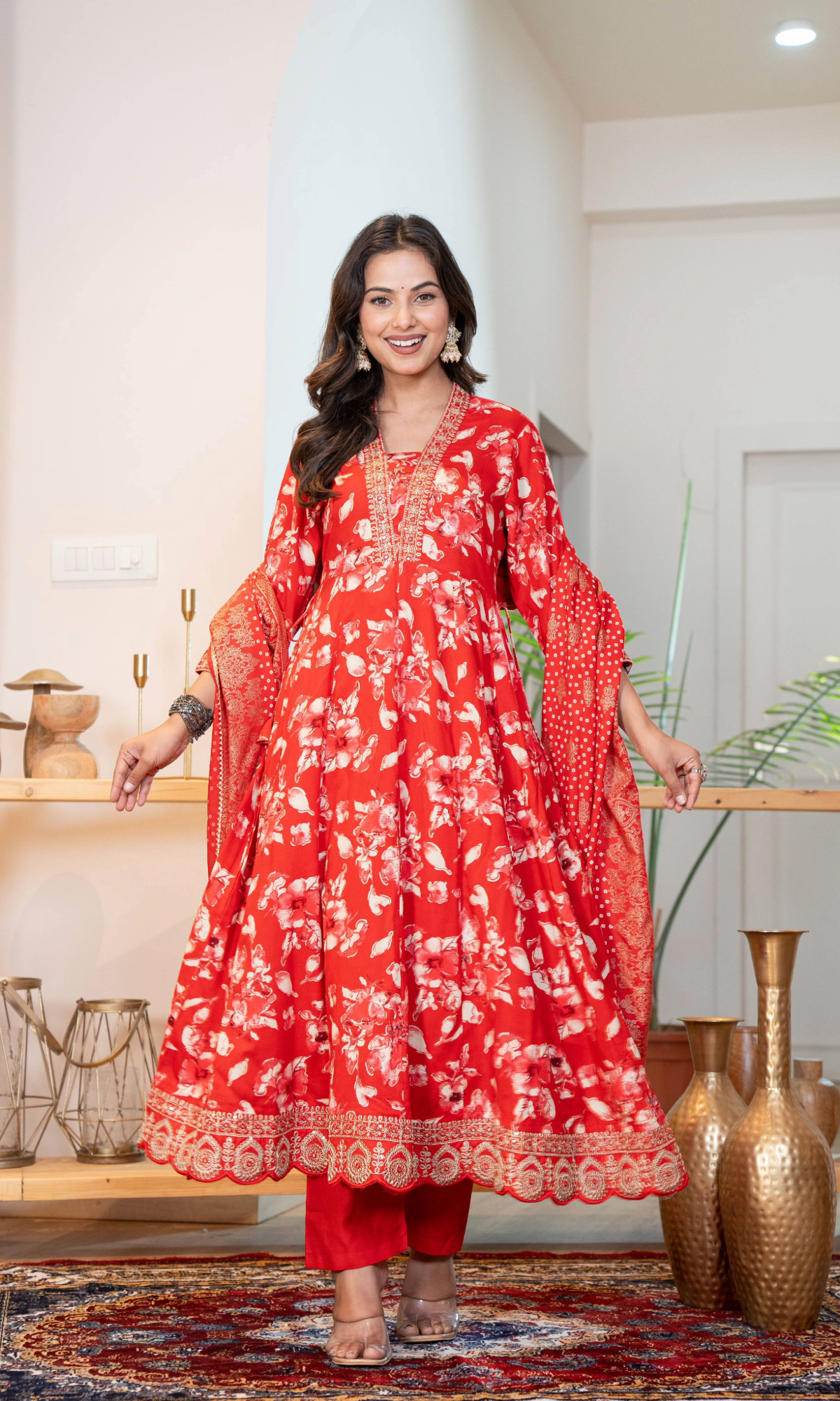 Red Floral Kurta Set With Dupatta