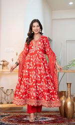 Red Floral Kurta Set With Dupatta