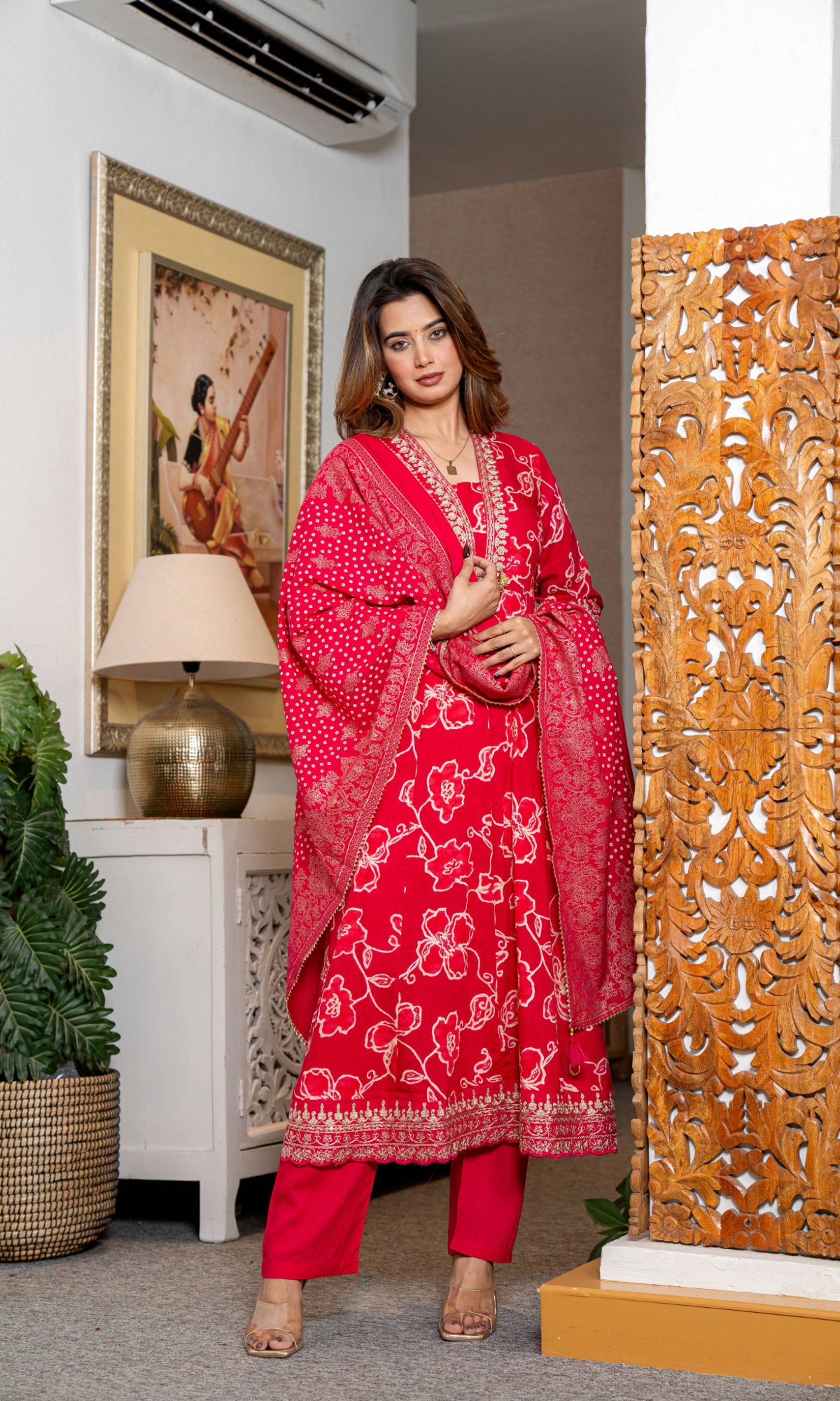 Red Floral Kurta Set With Dupatta