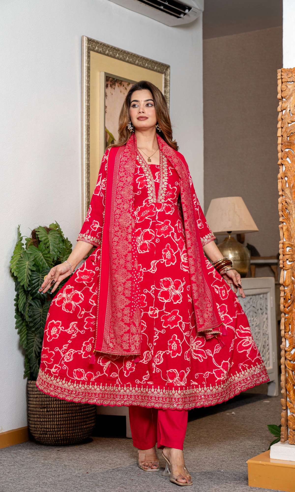 Red Floral Kurta Set With Dupatta