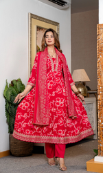 Red Floral Kurta Set With Dupatta