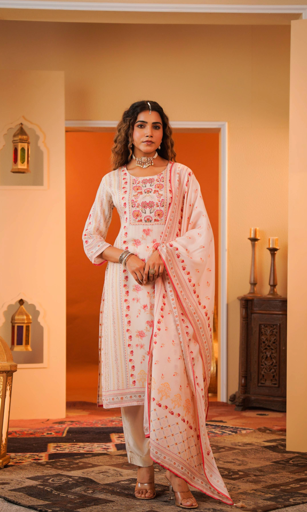 Ivory Floral Kurta Set With Dupatta
