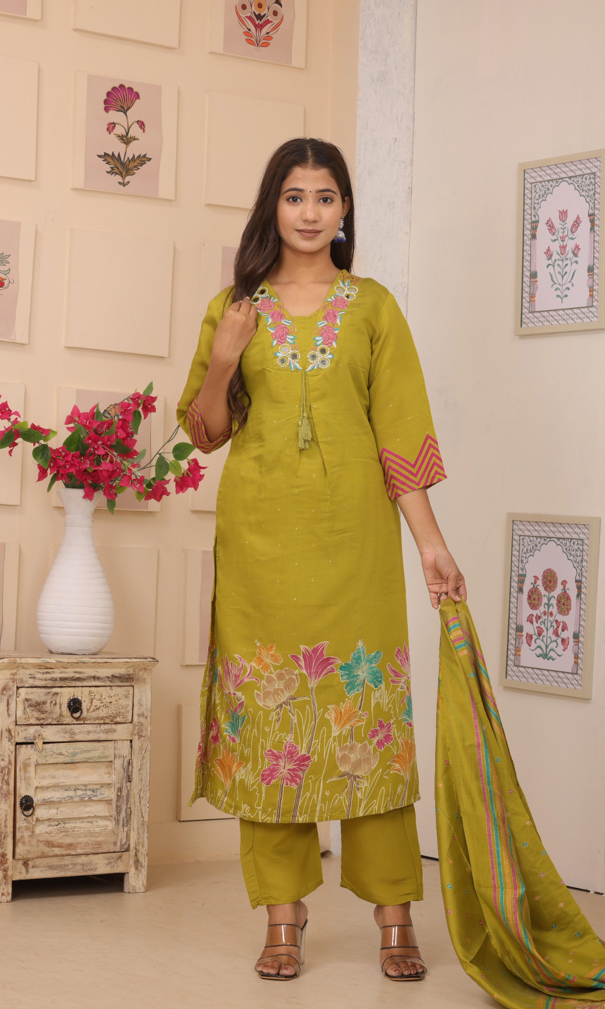 Olive Green Embroidered Kurta Set With Dupatta