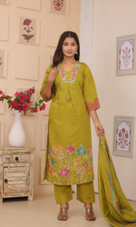 Olive Green Embroidered Kurta Set With Dupatta