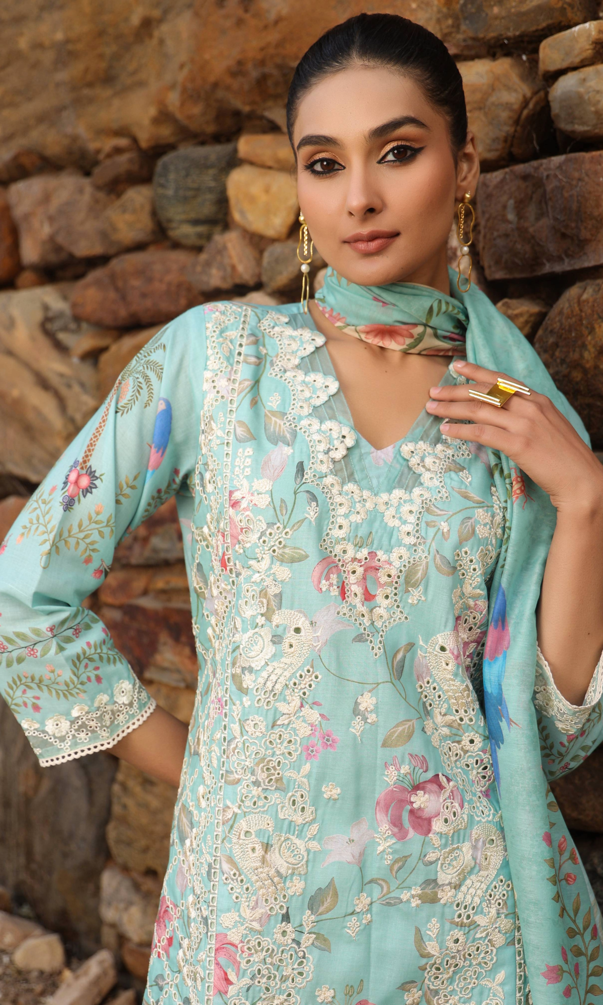 Ivory Lace & Blue Floral Kurta Set