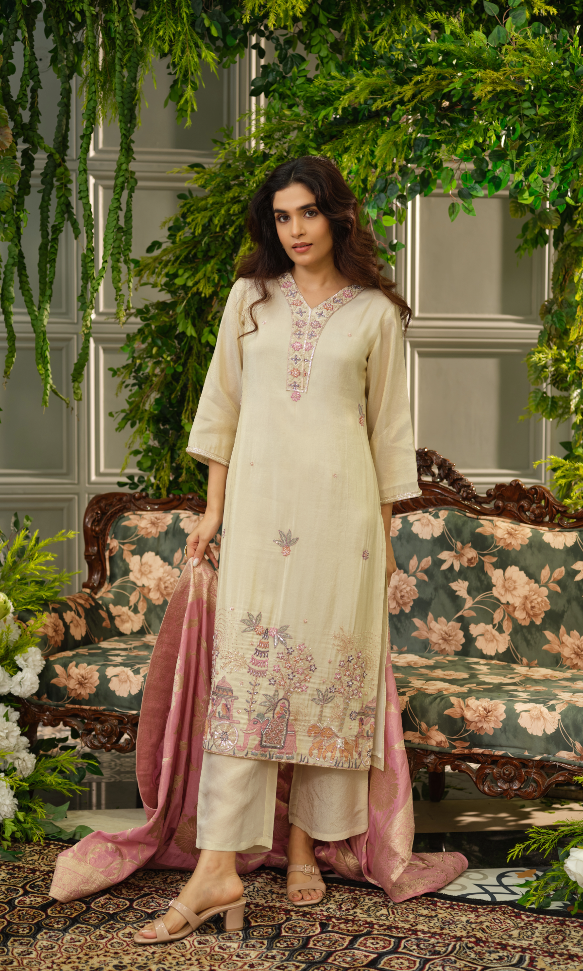 Beige Embroidered Kurta Set with Pink Dupatta