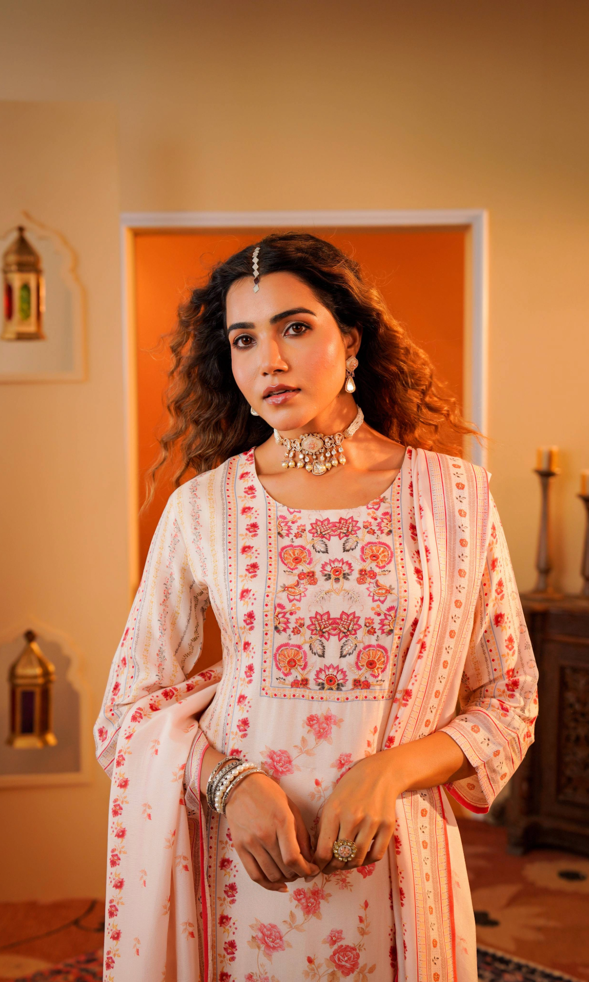 Ivory Floral Kurta Set With Dupatta