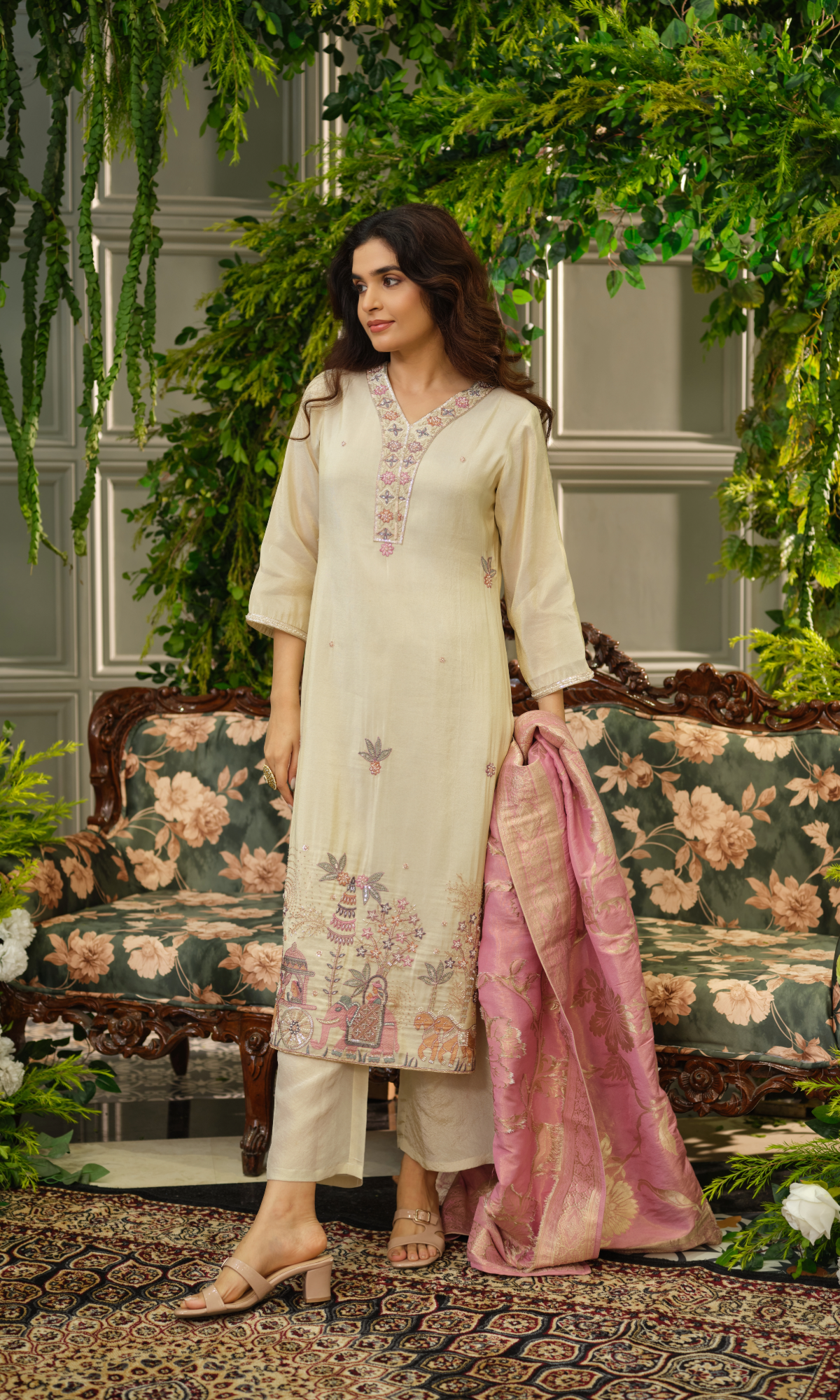 Beige Embroidered Kurta Set with Pink Dupatta