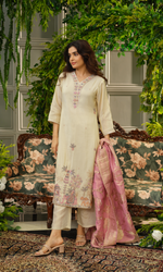 Beige Embroidered Kurta Set with Pink Dupatta