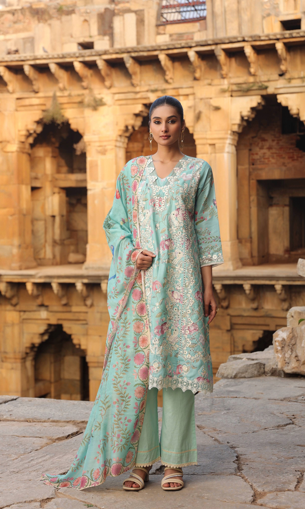 Ivory Lace & Blue Floral Kurta Set