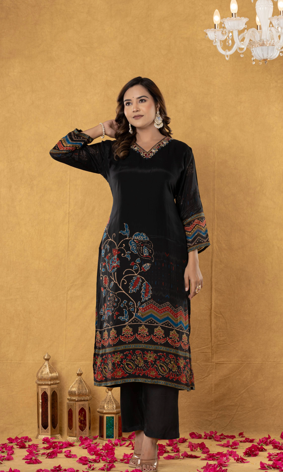 Black Floral Printed Kurta Set With Dupatta
