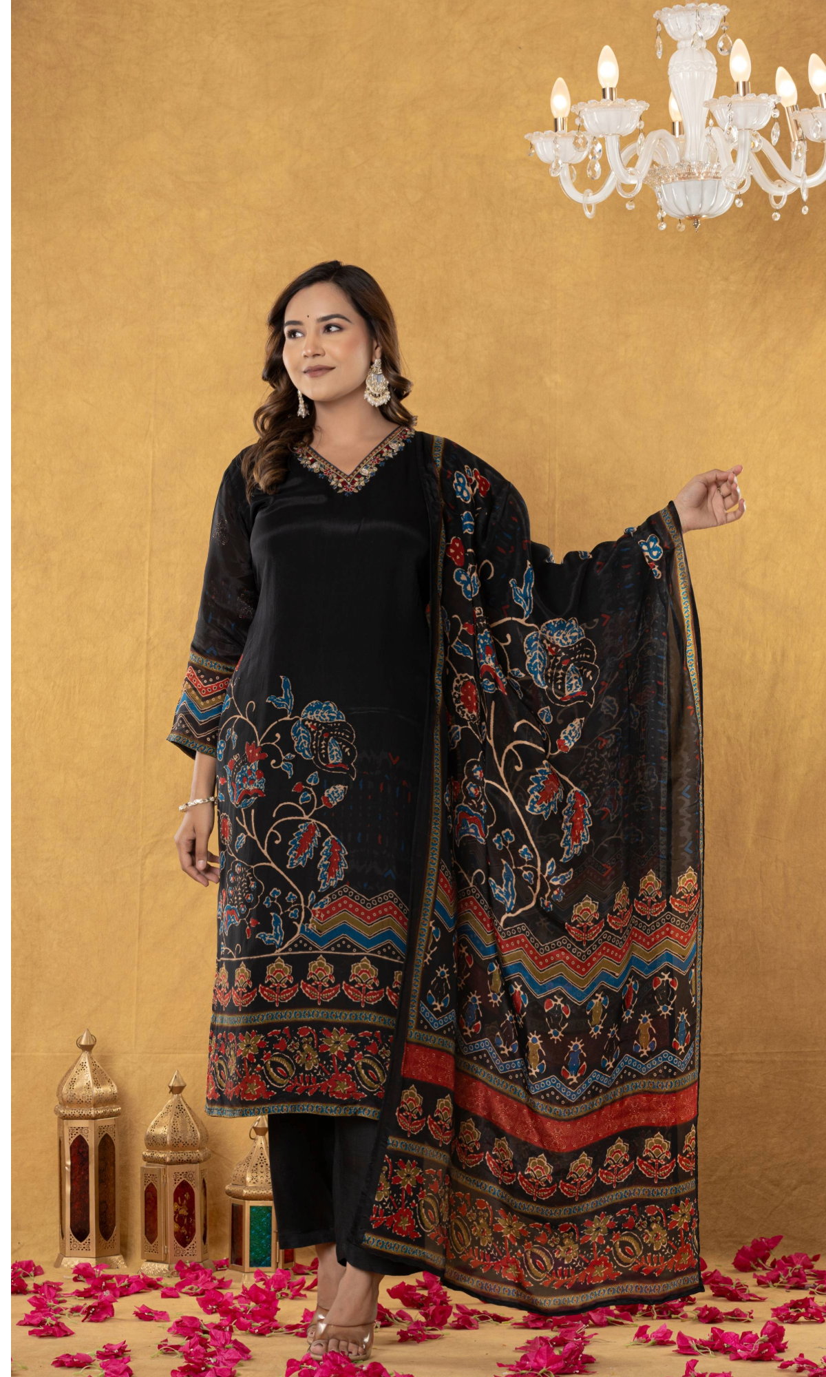Black Floral Printed Kurta Set With Dupatta