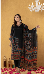 Black Floral Printed Kurta Set With Dupatta