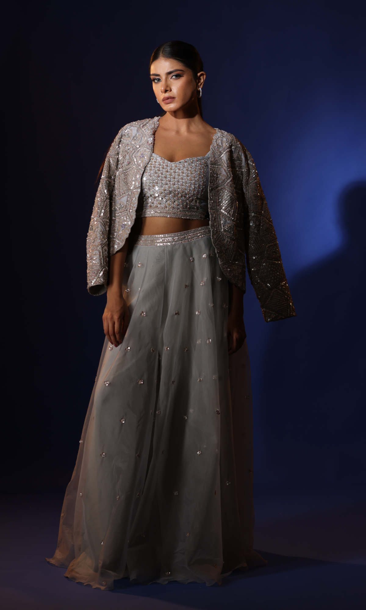 Silver Organza Handwork Jacket Style Set