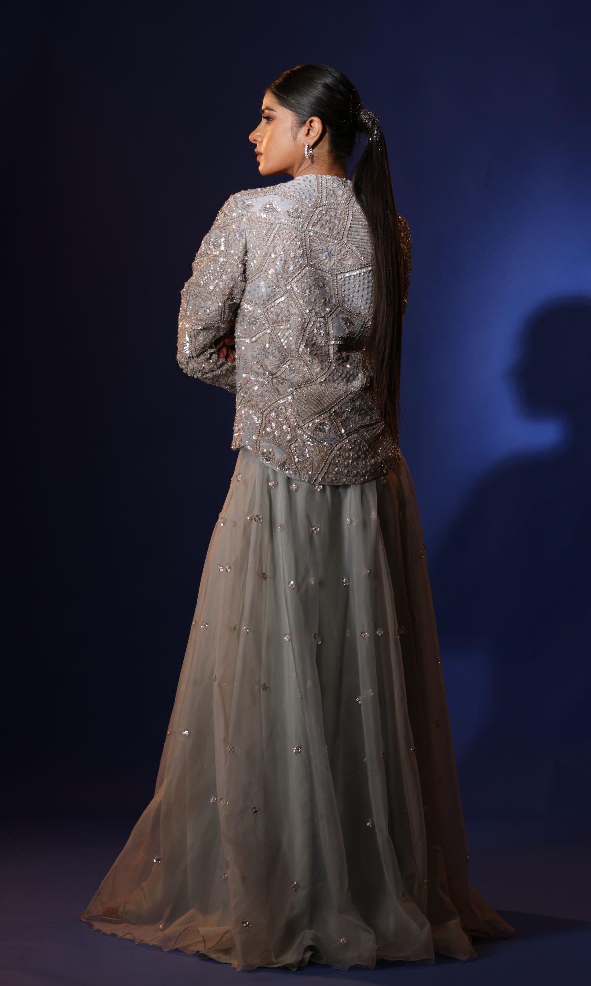 Silver Organza Handwork Jacket Style Set