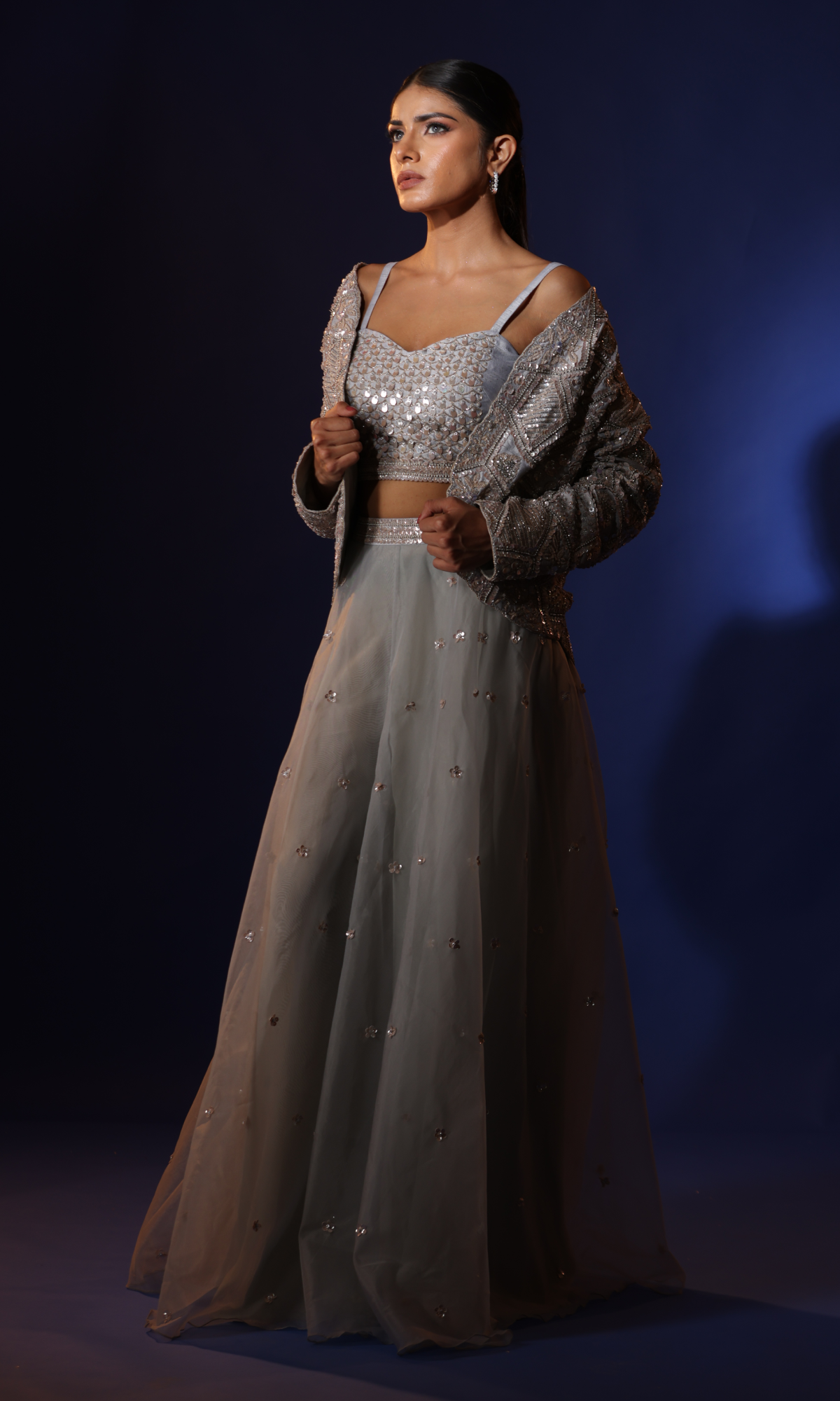 Silver Organza Handwork Jacket Style Set