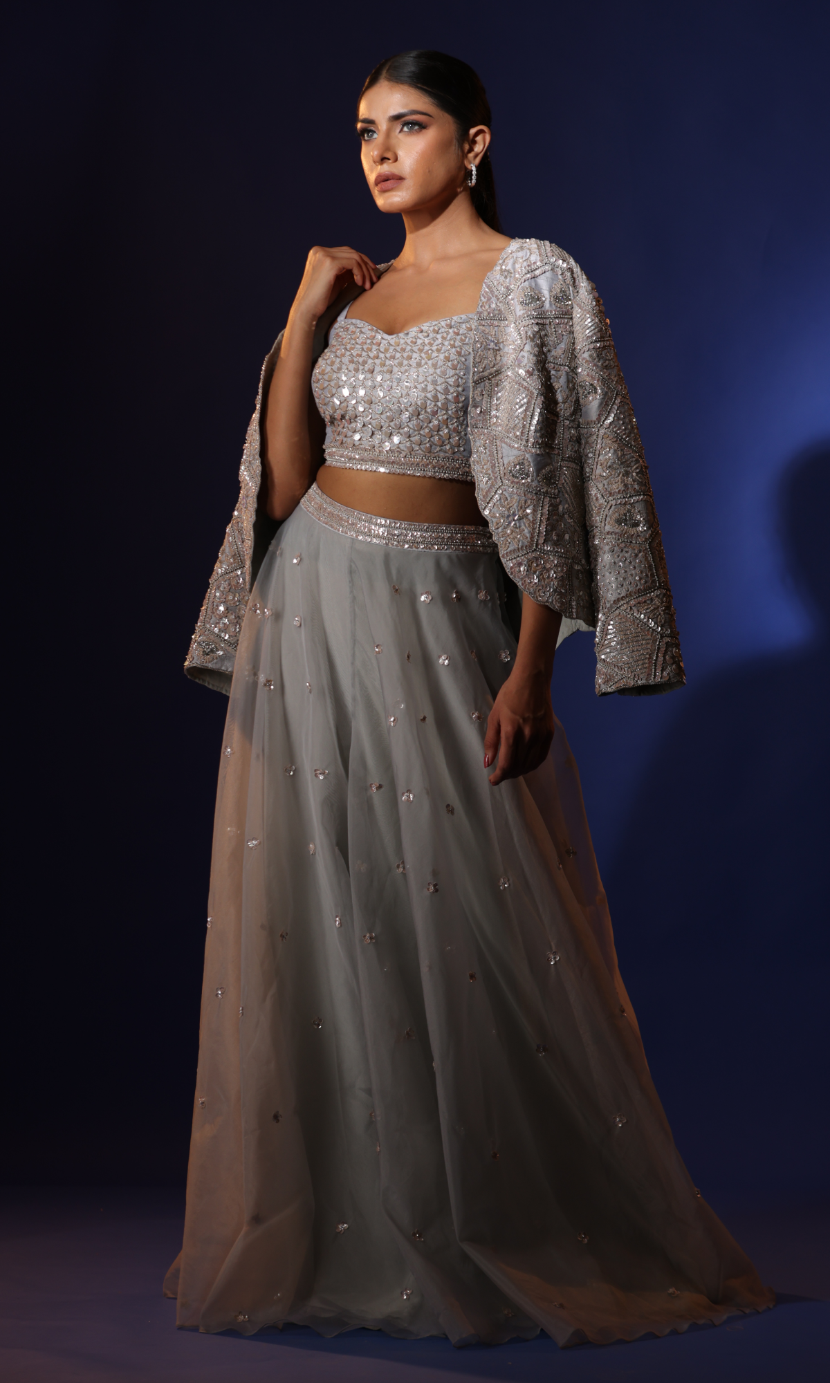 Silver Organza Handwork Jacket Style Set
